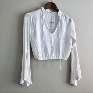 Chloe & Katie Boho Soft Flare Long Sleeve V Neck Crop Top Shirt White